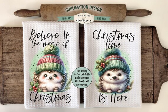 Christmas Hedgehogs - Cute Hedgehogs In Knit Hats Kitchen Towel Sublimation Design - Christmas Time Is Here - Magic of Christmas