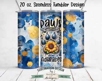 Dog Paw With Sunflowers 20oz Tumbler Wrap -  Pawsitively Adorable SEAMLESS Tumbler Sublimation Design - 20oz Skinny Tumbler Wrap