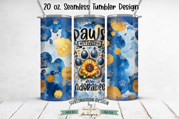 Dog Paw With Sunflowers 20oz Tumbler Wrap -  Pawsitively Adorable SEAMLESS Tumbler Sublimation Design - 20oz Skinny Tumbler Wrap