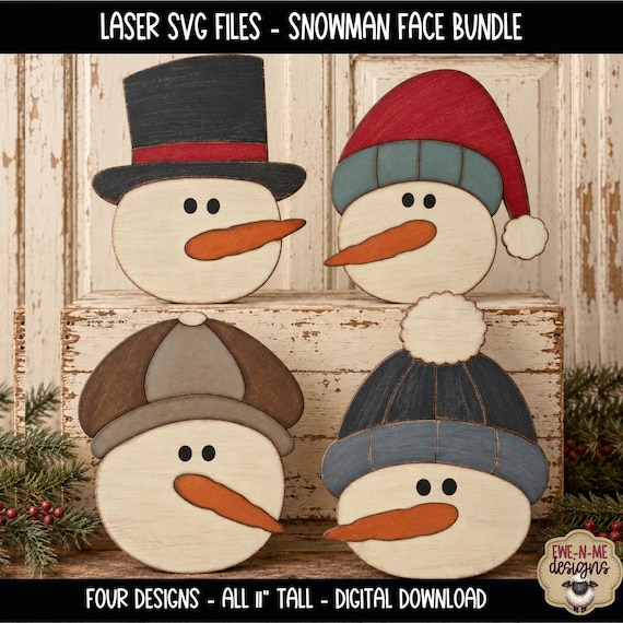 Primitive Snowman Face Bundle - 4 Laser Ready SVG Files - DIY Winter Decor