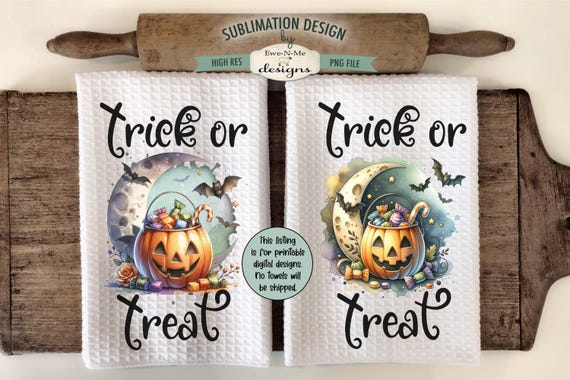 Trick or Treat Pumpkins Kitchen Towel Sublimation Design - Kitchen Towel Designs for Halloween Sublimation - Halloween Towel Designs