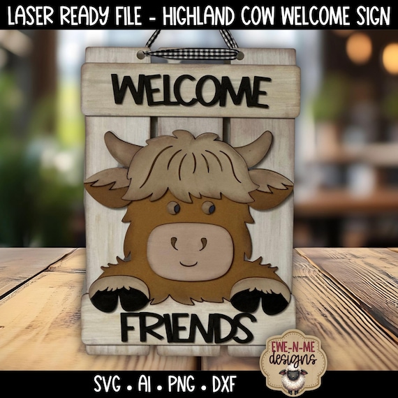 Laser Ready File - Highland Cow Welcome Sign SVG (Digital Download)