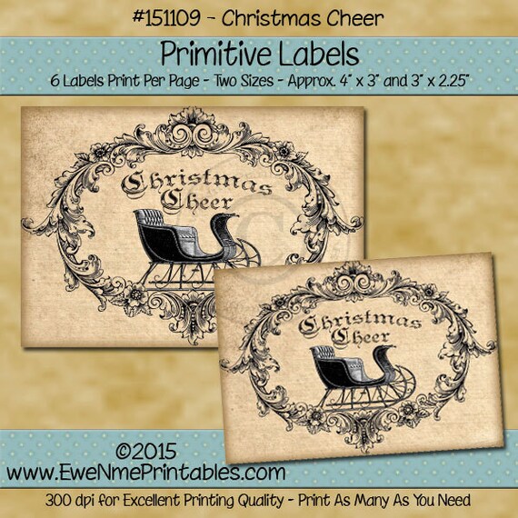 Primitive Christmas Sleigh Printable Labels - Victorian Sleigh Labels - Christmas Cheer - Grungy Look Printable PDF or JPG File