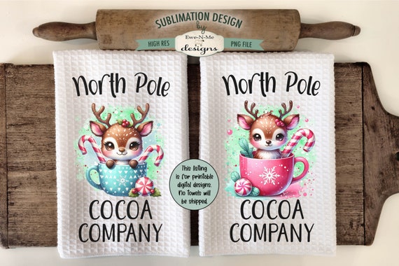 Reindeer in a Cute Red and Green Mug Kitchen Towel Sublimation Designs - North Pole Cocoa Company - Christmas Kitchen Design