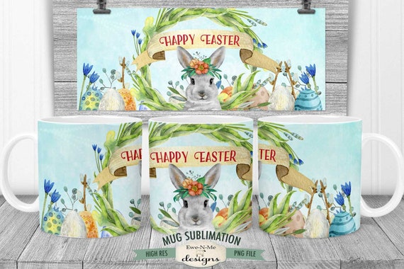 Easter Sublimation Mug Design - Easter Bunny with Wreath - Printable 11 oz. and 15 oz. Mug Sublimation Wrap PNG