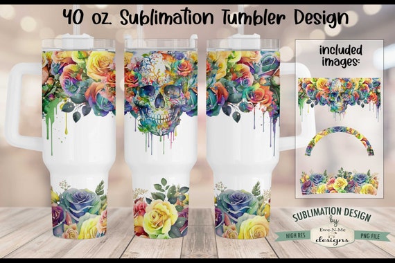 40 oz Watercolor Sublimation Tumbler Design | Floral Rose Skull Drip Design 40 oz. Tumbler Wrap