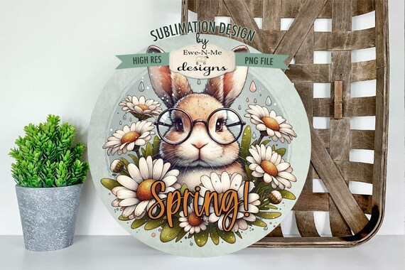 Spring Bunny with Glasses, Daisies Round Sublimation Design | Door Hanger Round | Cute Rabbit in Glasses Daisy Flowers Wreath Sign Printable