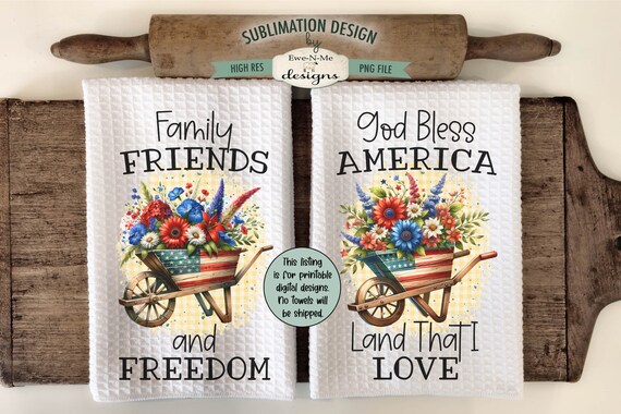 Patriotic Wheelbarrows with Flowers Sublimation Design for Kitchen Towels - July 4th Kitchen Towel Designs - Red White Blue Towel PNG Design