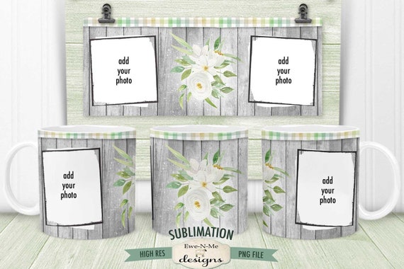 Barn Wood White Flowers Sublimation Mug Design - Photo Frame - Printable 11 oz. and 15 oz. Mug Sublimation Wrap PNG