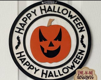 Happy Halloween Round Sign Laser Cut File - Jack O Lantern Pumpkin Door Hanger - Halloween Laser Sign
