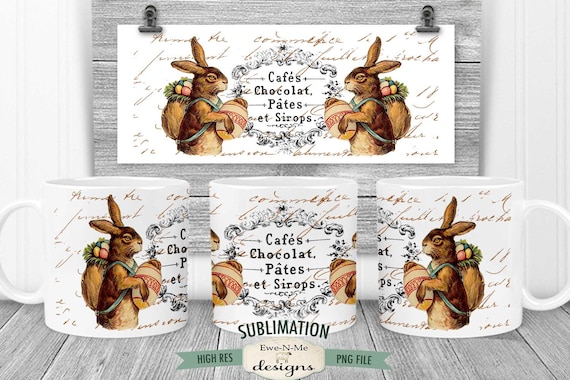 Vintage Easter Sublimation Mug Design - Vintage Easter Bunny - Printable 11 oz. and 15 oz. Mug Sublimation Wrap PNG