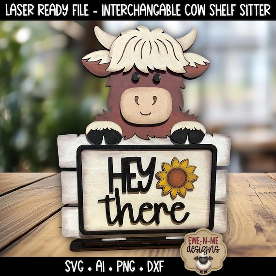 Interchangeable Highland Cow Shelf Sitter Sign - Laser Ready File svg, ai, dxf, png (Digital Download)