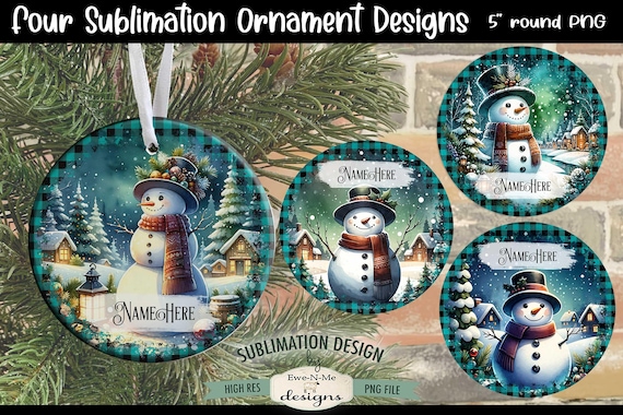 Snowman in Village Christmas Ornament Designs PNG Files | Four Snowman Ornament Designs with Blue Buffalo Plaid Border