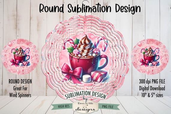 Pink Cocoa Coffee Cup Wind Spinner Sublimation Design | Whipped Cream Candy Canes Coquette Bow Round Design | Christmas Round Design
