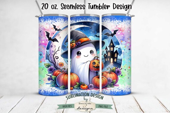 Halloween Ghost With Jack O Lantern Sublimation Design | Cute Ghost In Witch Hat Tumbler Wrap | 20 oz. Seamless Halloween Tumbler Wrap