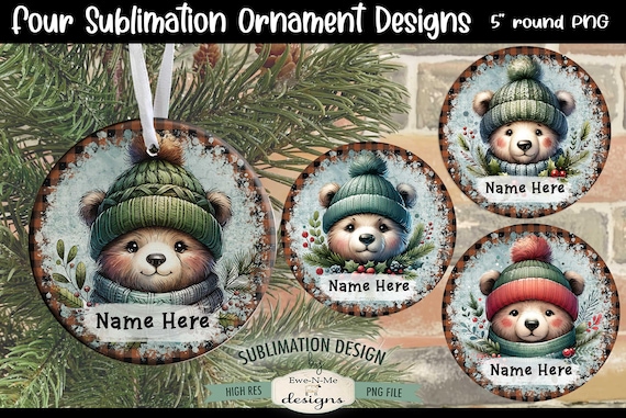 Cute Winter Bears Ornament Designs PNG Files | Four Bears with Hats Ornament Designs with Brown Buffalo Plaid Border