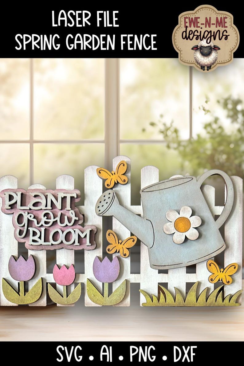 Spring Word With Pattern Spring Garden Fence Sign Laser Cut File - Watering Can Tulips Butterfly ...