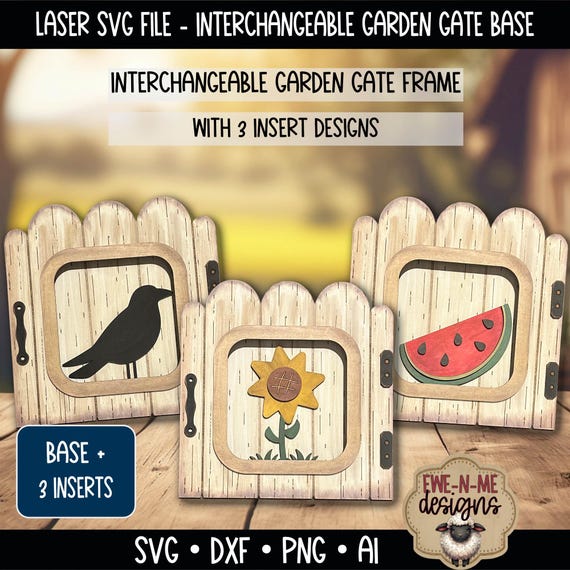 Interchangeable Garden Gate Frame with 3 Slide-In Designs - Crow Watermelon Sunflower -  Shelf Sitter Laser Cut File