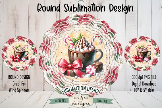 Brown Cocoa Coffee Cup Wind Spinner Sublimation Design | Whipped Cream Candy Coquette Bow Poinsettia Round Design | Christmas Round Design