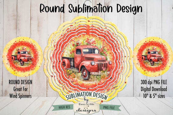 Old Red Truck Wind Spinner Sublimation Design | Red Truck Sublimation Design | Red Truck Door Hanger Design