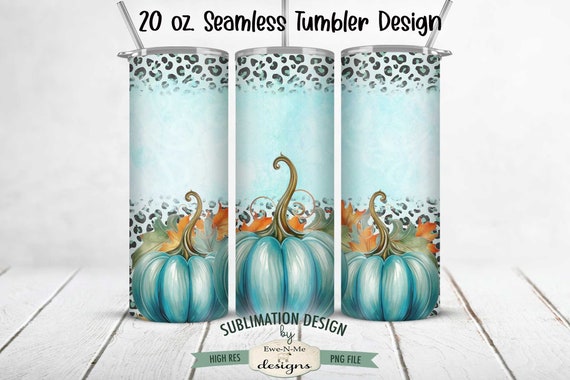 Teal Pumpkin with Leopard Seamless Tumbler Sublimation Design | Turquoise Fall Halloween Seamless Tumbler Design