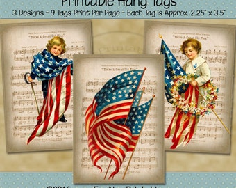 Patriotic Grand Old Flag July 4th Printable Hang Tags - Independence Day, Memorial Day - Red, White, Blue  - Digital PDF or JPG File
