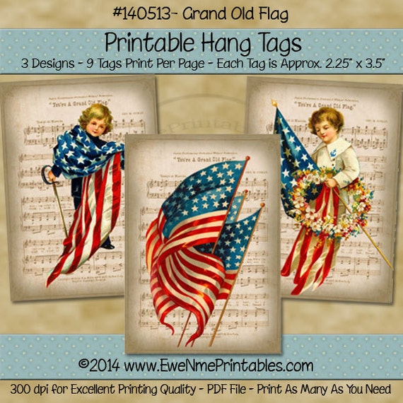 Patriotic Grand Old Flag July 4th Printable Hang Tags - Independence Day, Memorial Day - Red, White, Blue  - Digital PDF or JPG File