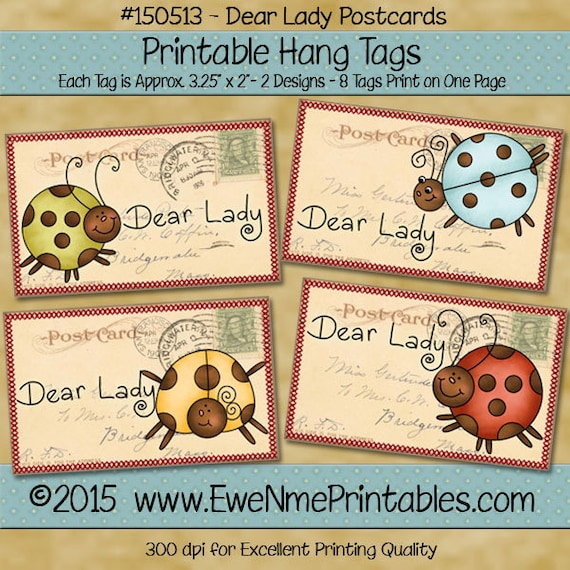 Printable Ladybug Tags with Vintage Postcard Background - Primitive Style - colorful ladybugs - Digital Print PDF and/or JPG File