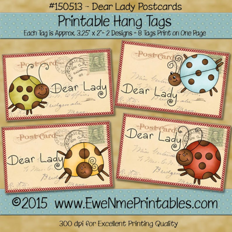 Printable Ladybug Tags With Vintage Postcard Background - Etsy