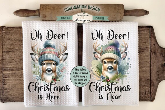 Christmas Deer Kitchen Towel Sublimation Designs - Holiday Deer With Knit Hats Sublimation Designs - Holiday Kitchen Towel Designs