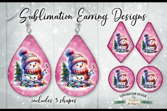 Snowman Tangled In Lights Sublimation Earring Designs | 3 PNG Shapes | Snowman with Christmas Lights Pink