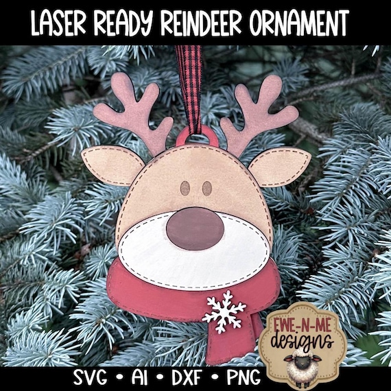 Laser Cut Reindeer Face Ornament SVG – Christmas Ornament File for Glowforge – Reindeer Christmas SVG for Laser Cutting