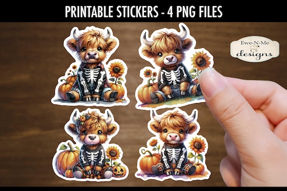 Highland Cow In Skeleton Costume Printable Stickers | 4 PNG Stickers | Highland Cow Halloween Stickers | Printable Halloween Stickers