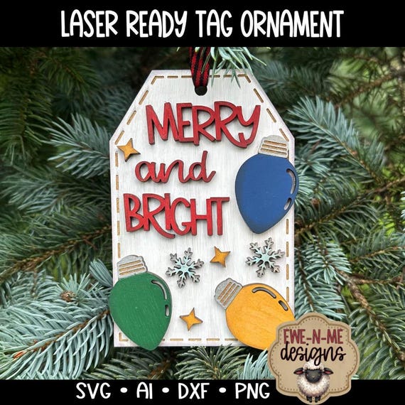 Merry & Bright Christmas Lights Ornament SVG | Laser Cut Tag File | Christmas Ornament SVG | Laser Cut Ready | Digital Download