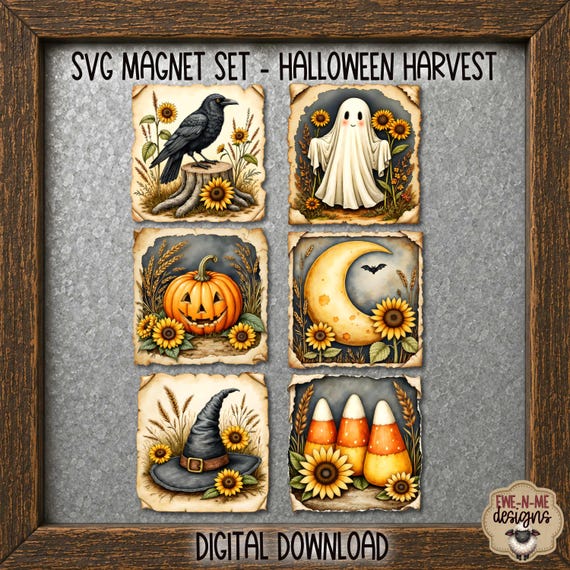 Halloween Magnet SVG Bundle | Primitive Halloween SVG | Printable Magnet Art | Printable Stickers | Laser Cut File | PNG | Digital Download