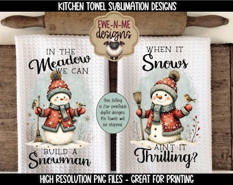 Diseños de sublimación de toallas de cocina con muñeco de nieve en el país de las maravillas invernal. En el prado, podemos construir un muñeco de nieve. Toalla de cocina de invierno PNG.