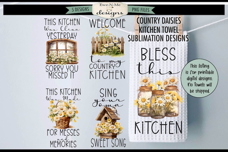 Lot de torchons de cuisine à sublimation Country Daisy Motifs sublimation de torchons de cuisine Motifs de cuisine Country Daisy image 1