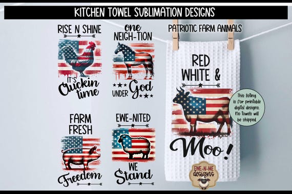 Patriotic Farm Animal Sublimation Bundle – Tea Towel PNGs – 4th of July Kitchen Designs – Red White & Blue Flag Decor