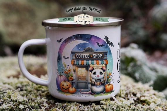 Moon Light Coffee Shop Mug Design - Cute O'Possum With Coffee -  Halloween 11 and 15 oz. Mug Sublimation Wrap PNG