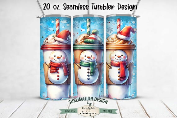 Snowman Coffee 20 oz SEAMLESS Tumbler Sublimation Design - Cute Snowman Take Out Coffee Images Christmas Tumbler Design