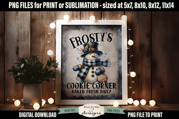Frostys Cookie Corner Sublimation Design | Vintage Snowman Printable  | Old Fashioned Snowman with Cookie Printable Sublimation Design
