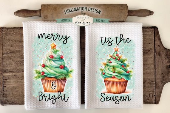 Christmas Tree Cupcakes Kitchen Towel Sublimation Designs - Merry & Bright Kitchen Towel Designs - Christmas Kitchen Towel PNG Designs