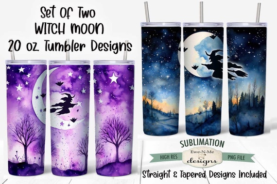 Witchy Moon Sublimation Design Set of Two  | Witch Flying on Broom Sublimation Design for  20 oz. Tumbler Straight and Tapered