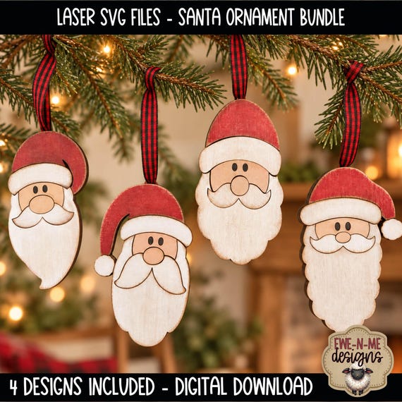 Santa Ornaments Bundle - Laser Ready SVG File - 4 Primitive Santa Designs - Christmas Ornament Laser Cutting Files