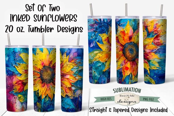 Inked Sunflower Tumbler Sublimation Design Set of Two  | Inked Sunflowers Sublimation Design for  20 oz. Tumbler Straight and Tapered