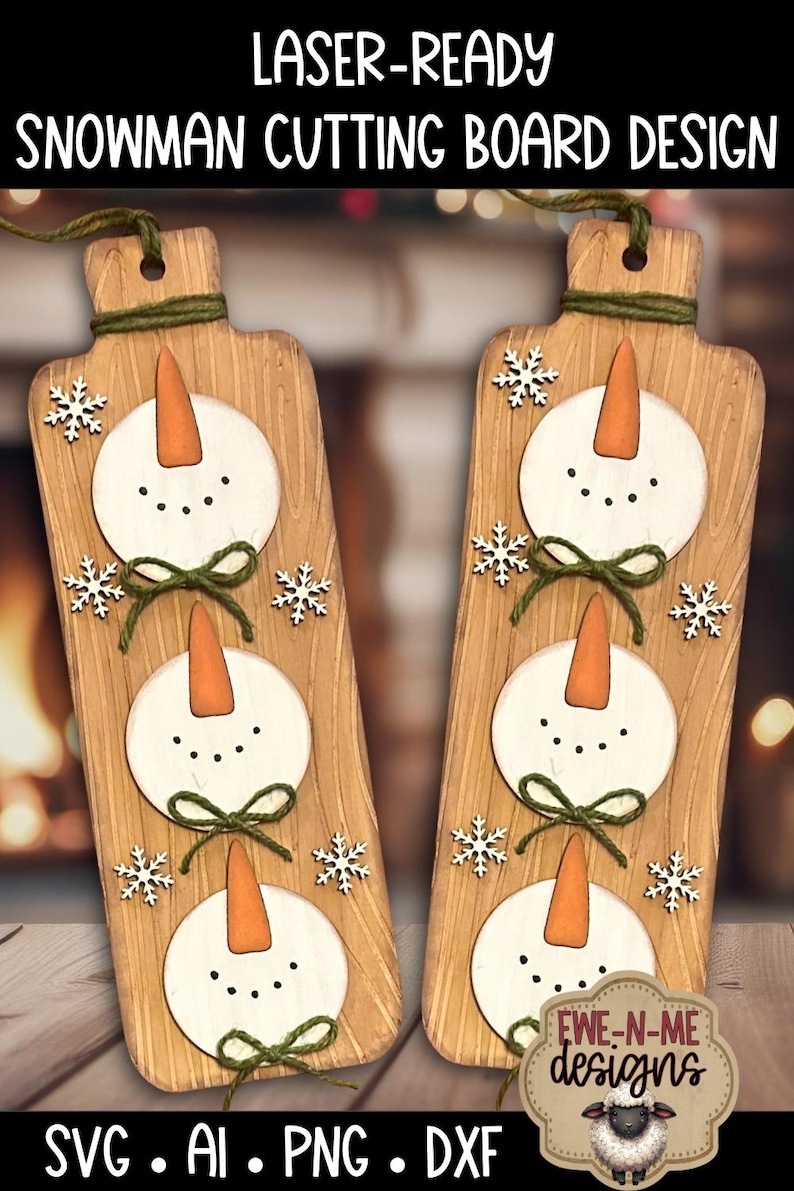 May include: Two wooden cutting boards with a snowman design. Each board features three white snowman faces with orange carrot noses and black dot eyes. Green twine bows and snowflake accents add detail. The text "LASER-READY SNOWMAN CUTTING BOARD DESIGN" is at the top.