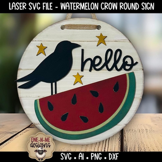 Watermelon Crow Round Sign Laser File - Primitive Rustic Summer Door Hanger - Wood Sign SVG