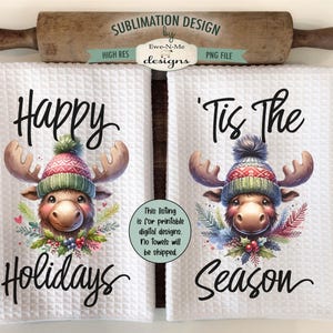 Holiday Moose Kitchen Towel Sublimation Designs - Moose With Knit Hats Sublimation Designs - Holiday Kitchen Towel Designs
