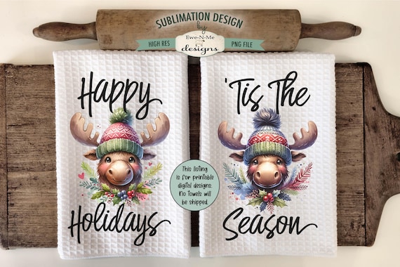 Holiday Moose Kitchen Towel Sublimation Designs - Moose With Knit Hats Sublimation Designs - Holiday Kitchen Towel Designs