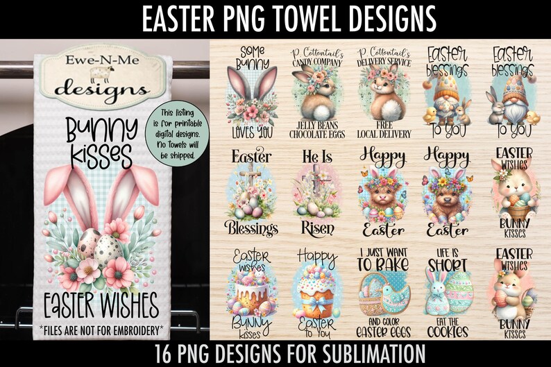 Pu&ograve; includere: Un set di 16 disegni digitali con illustrazioni a tema pasquale. I disegni includono coniglietti, uova, fiori e altri simboli pasquali. I disegni sono perfetti per creare asciugamani, tazze, t-shirt e altri articoli personalizzati.